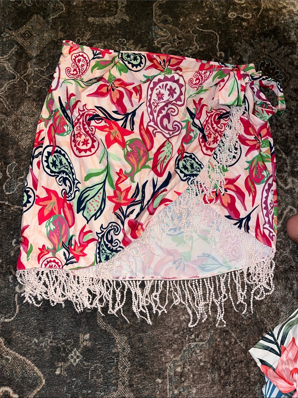 Women’s Floral Fringe Swim Cover-Up Sarong - Pink Multi skirt
